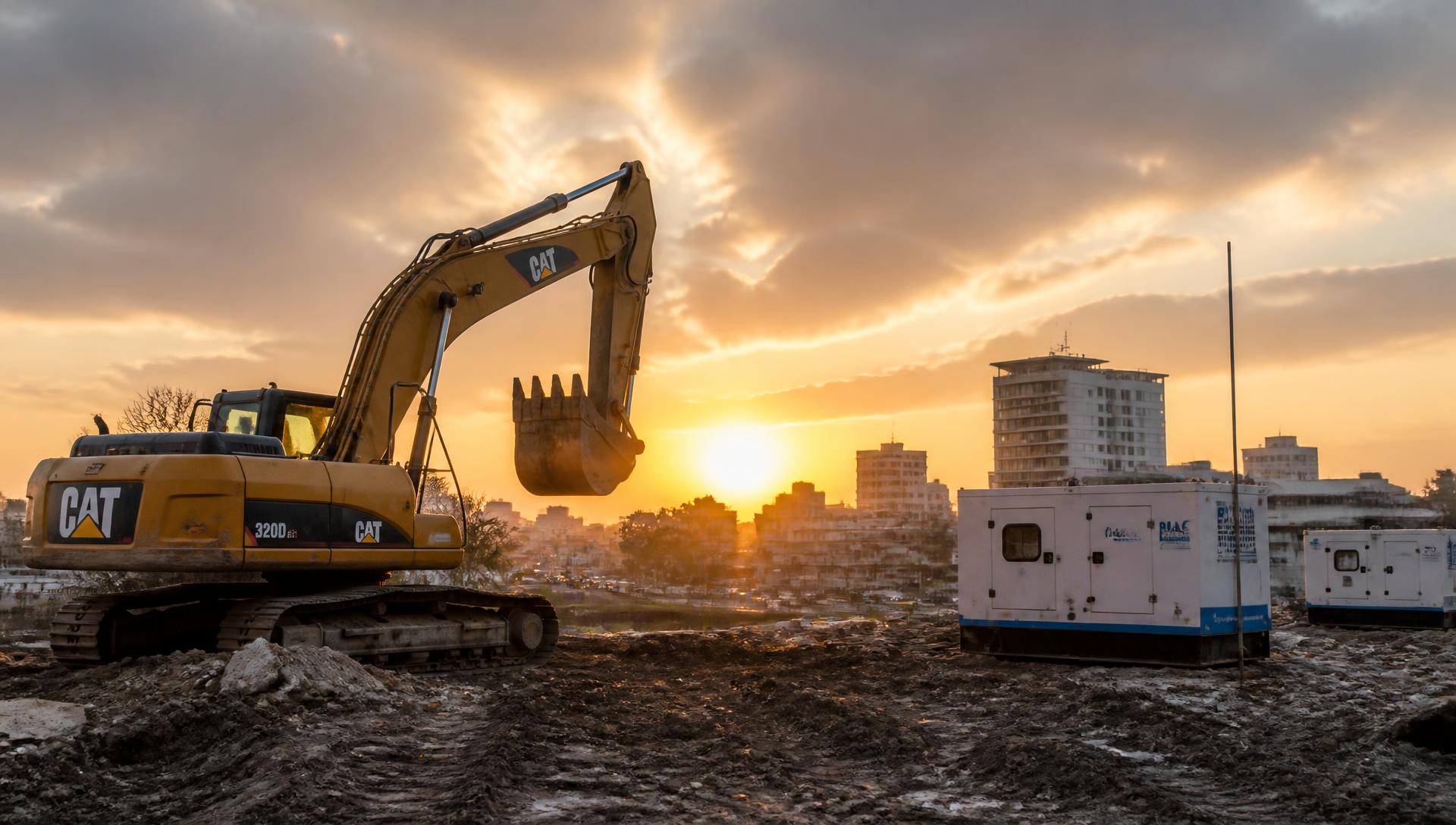 Excavator and power generators on a construction site