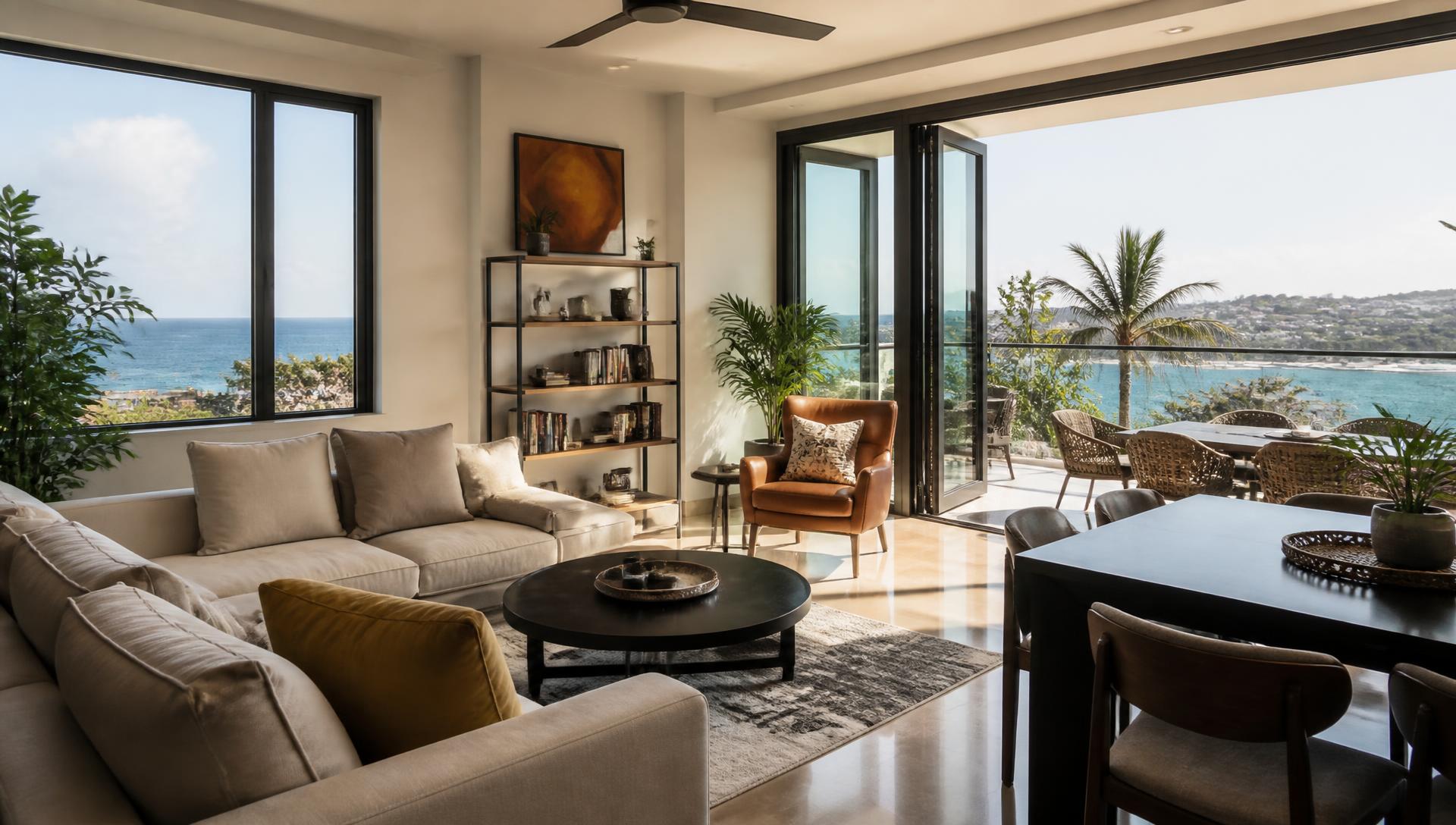 Modern apartment interior with an ocean view