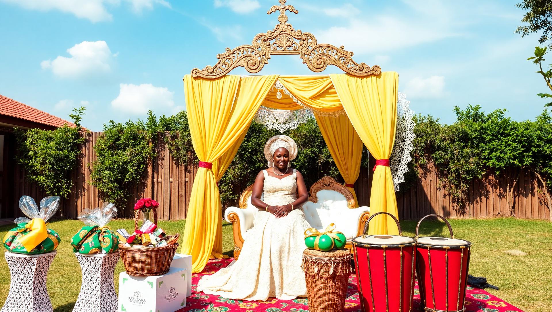 Traditional engagement ceremony canopy with gifts and drums