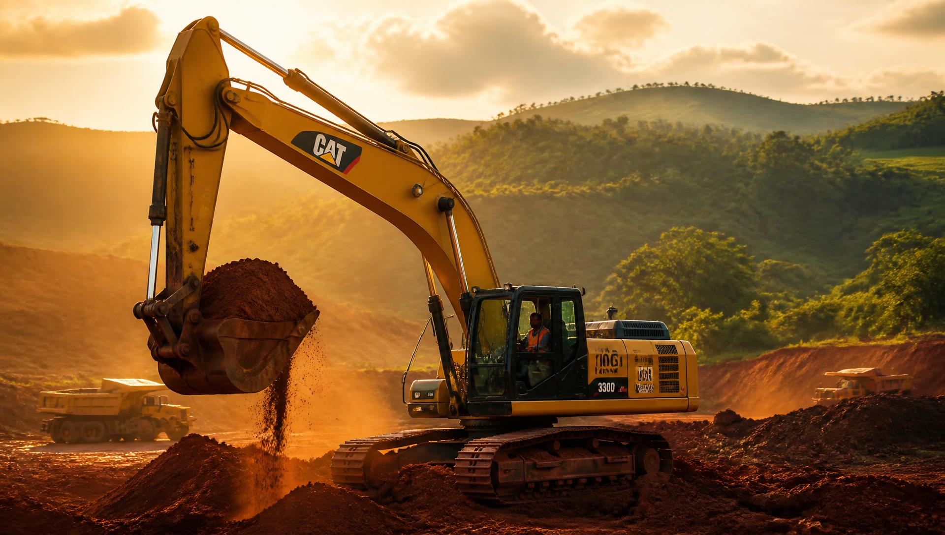 Large excavator digging at a Sierra Leone mining site at golden hour