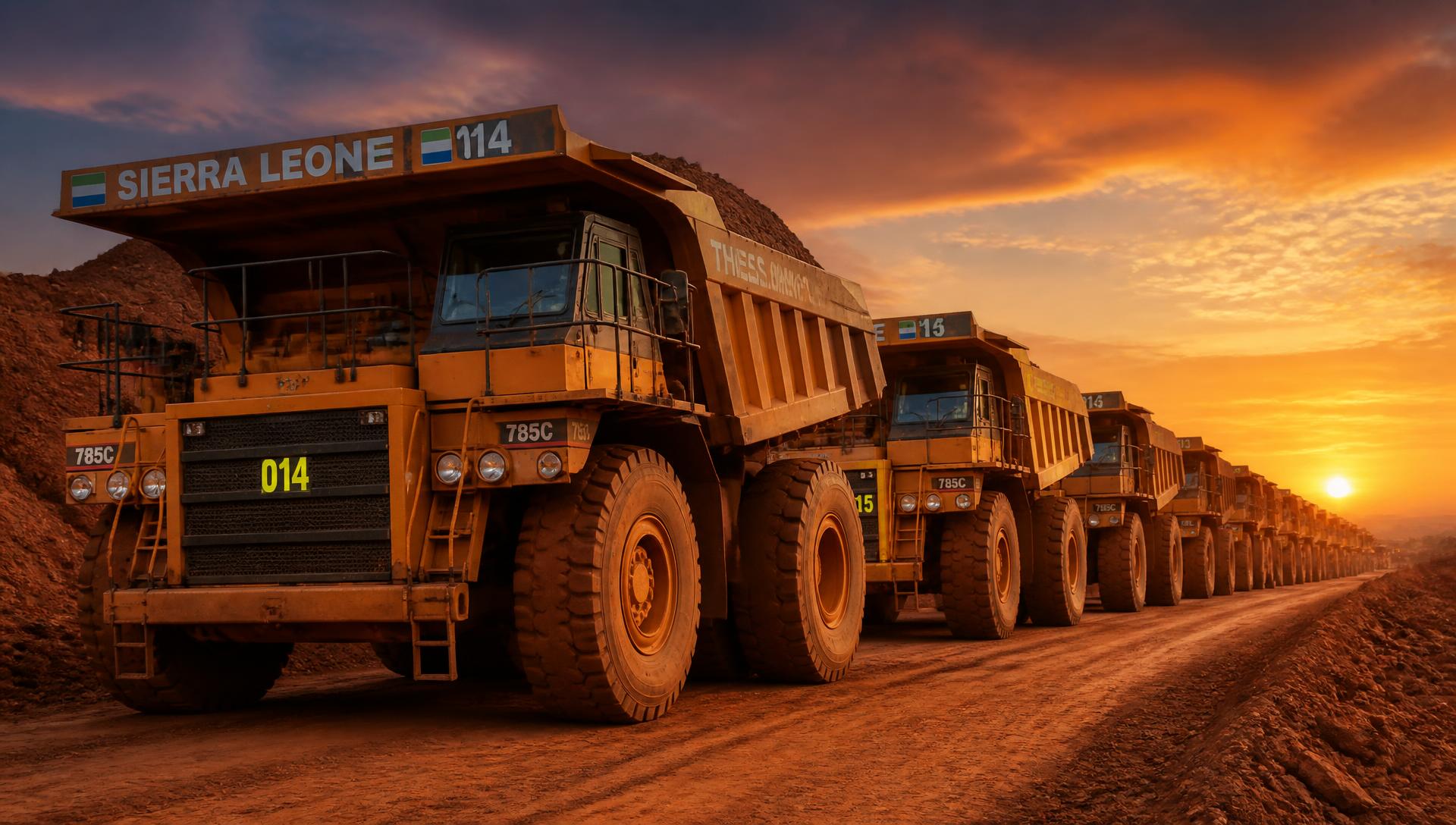 Line of heavy mining dump trucks on a dirt road at sunset