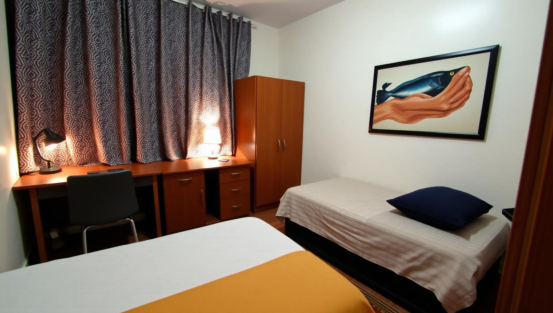 Cosy self-contained room with study desk and warm lamp light